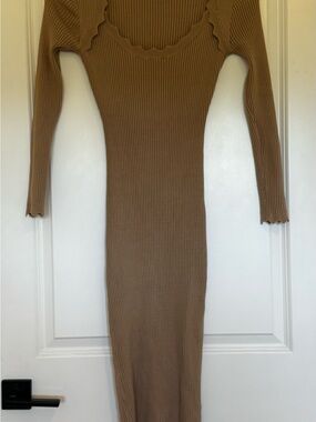 Maternity Ribbed Long-Sleeve Midi Dress in Camel